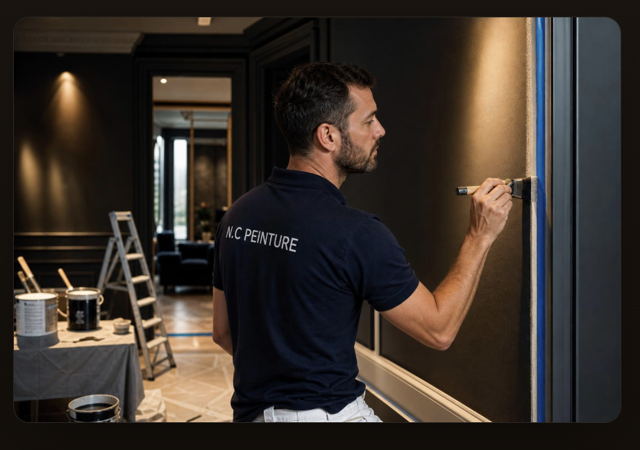 Artisan peintre N.C en train d'appliquer une peinture intérieure premium